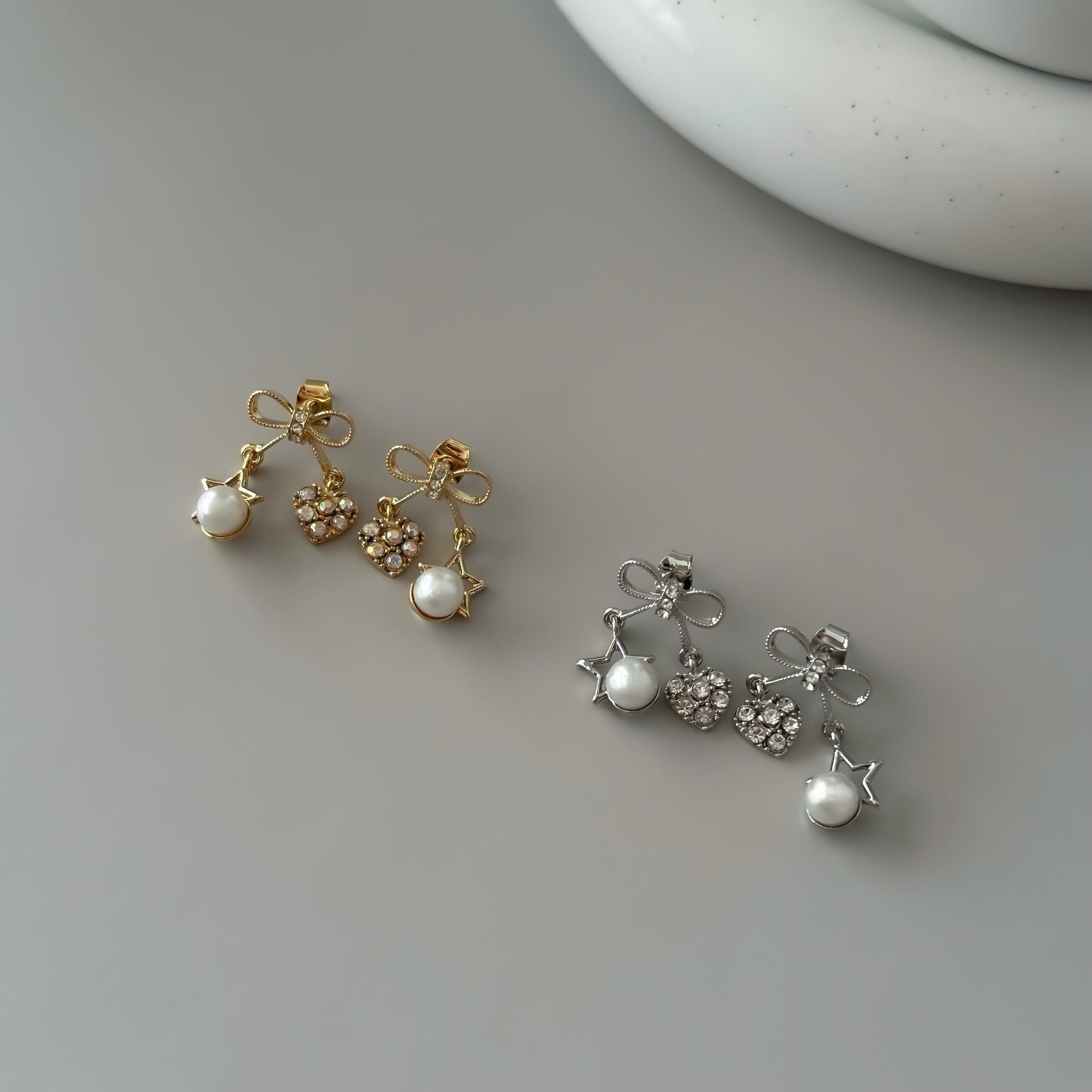 Bow ribbon crystal pearl charm Earrings