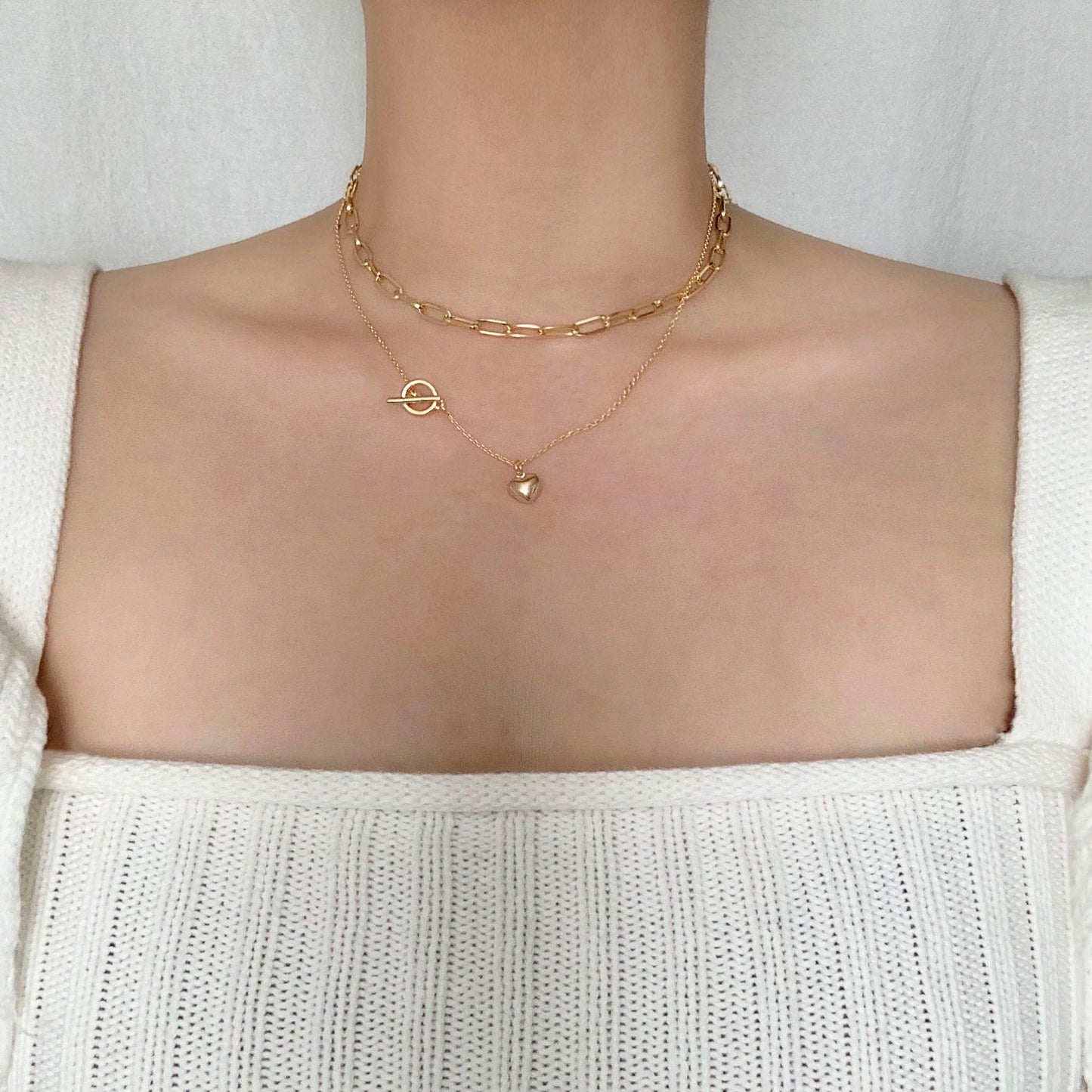 Heart Charm T-Bar Chain Layered Necklace