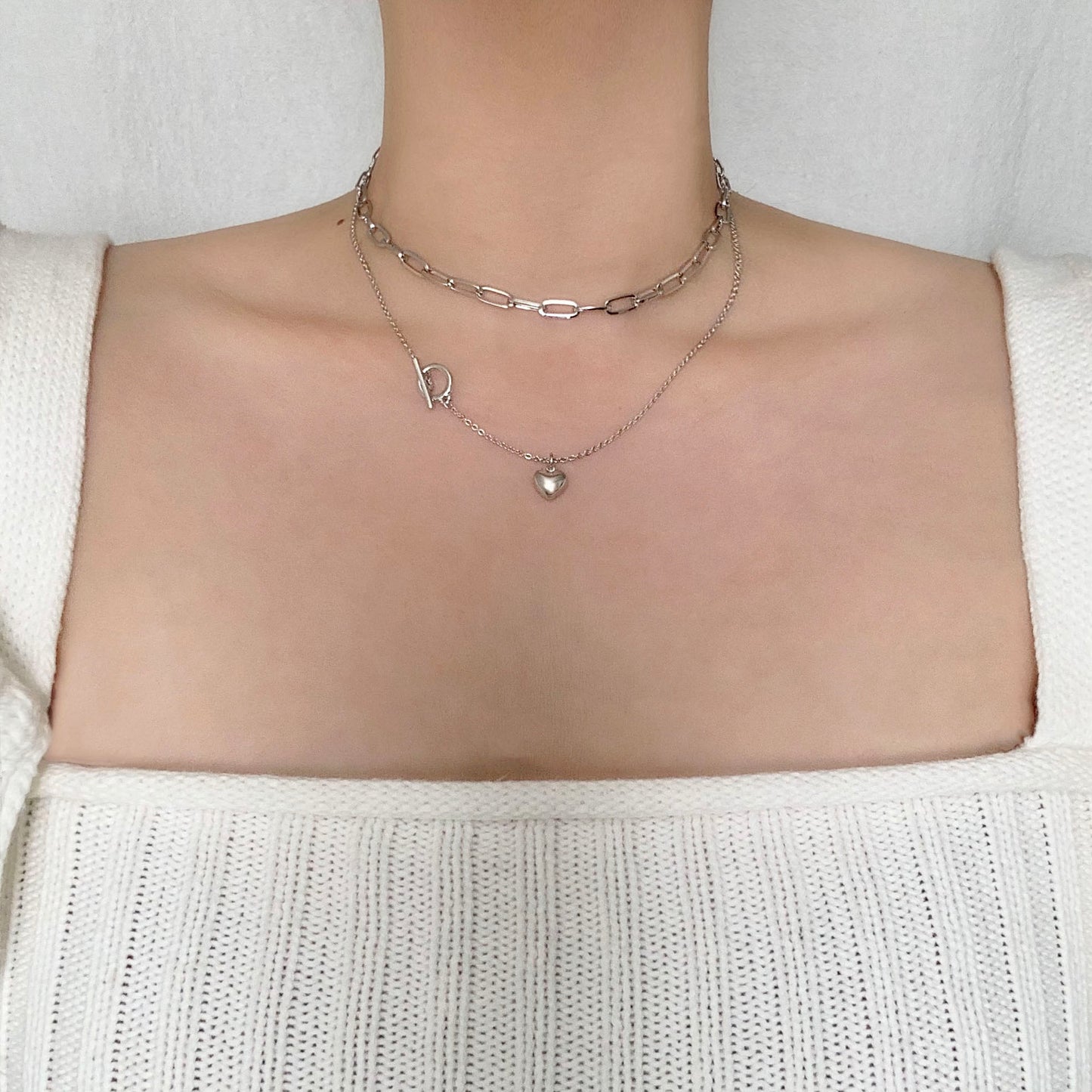 Heart Charm T-Bar Chain Layered Necklace