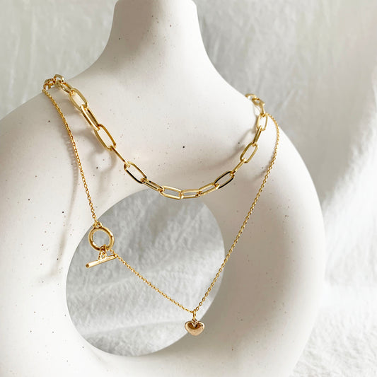 Heart Charm T-Bar Chain Layered Necklace