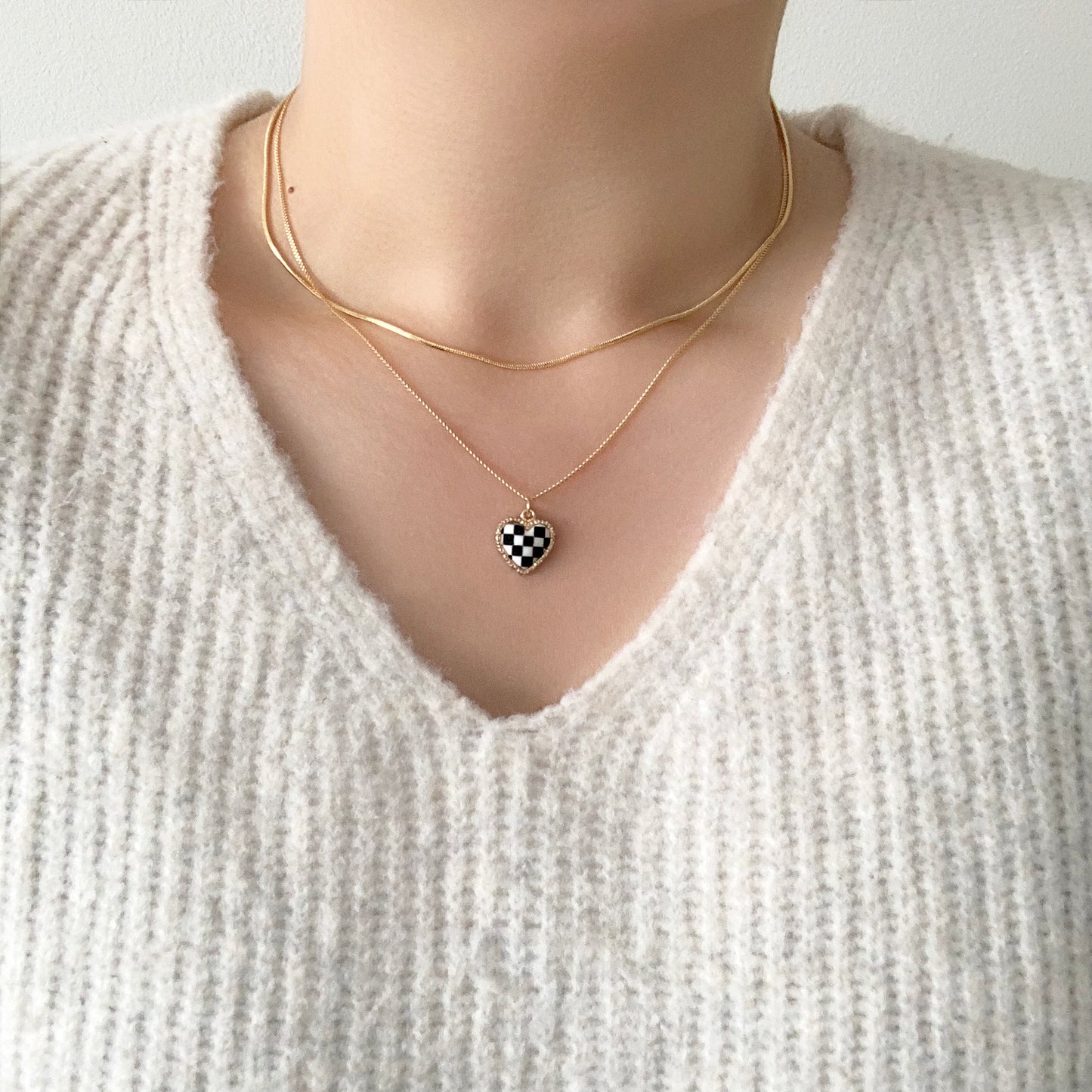 Black and White Checkered Heart Necklace