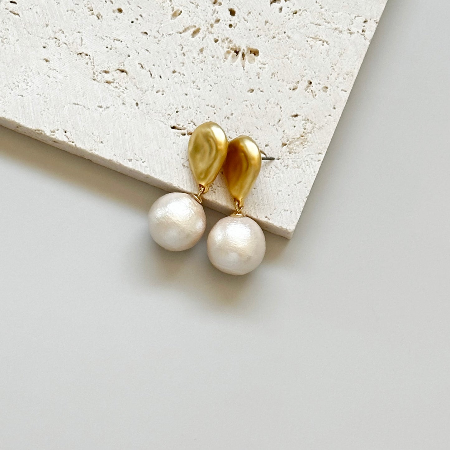 Gold Hammered Pearl Drop Earrings